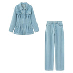 Lapel Waist Denim Jacket and Trousers