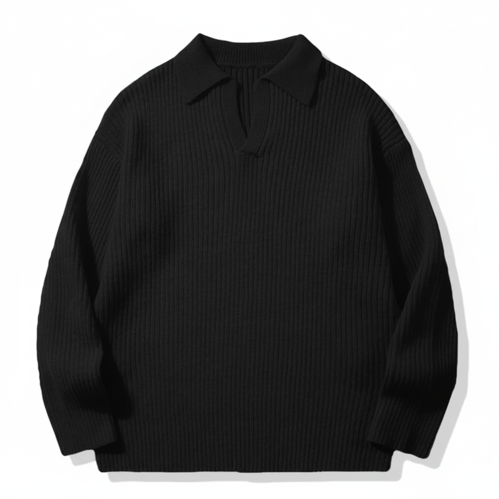 Jacquard Polo Collar Knit Sweater | Noir Essence Collection
